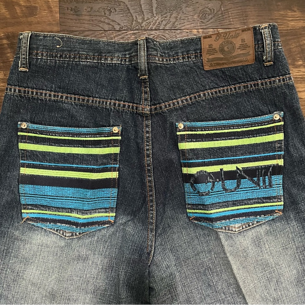 Vintage G Unit Spellout striped baggy skater denim jean shorts jorts Y2K Sz 34